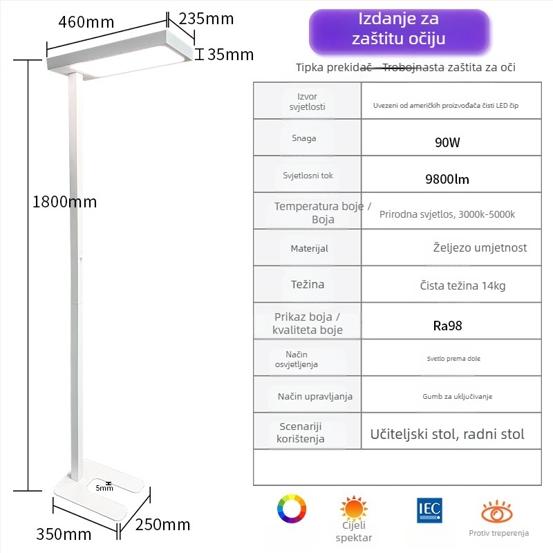 Podna lampa s punim spektrom za dječje učenje; namijenjena stolna svjetiljka za čitanje i pisanje; dimmable, ultra-svijetla; metalna sjenilica; 220V