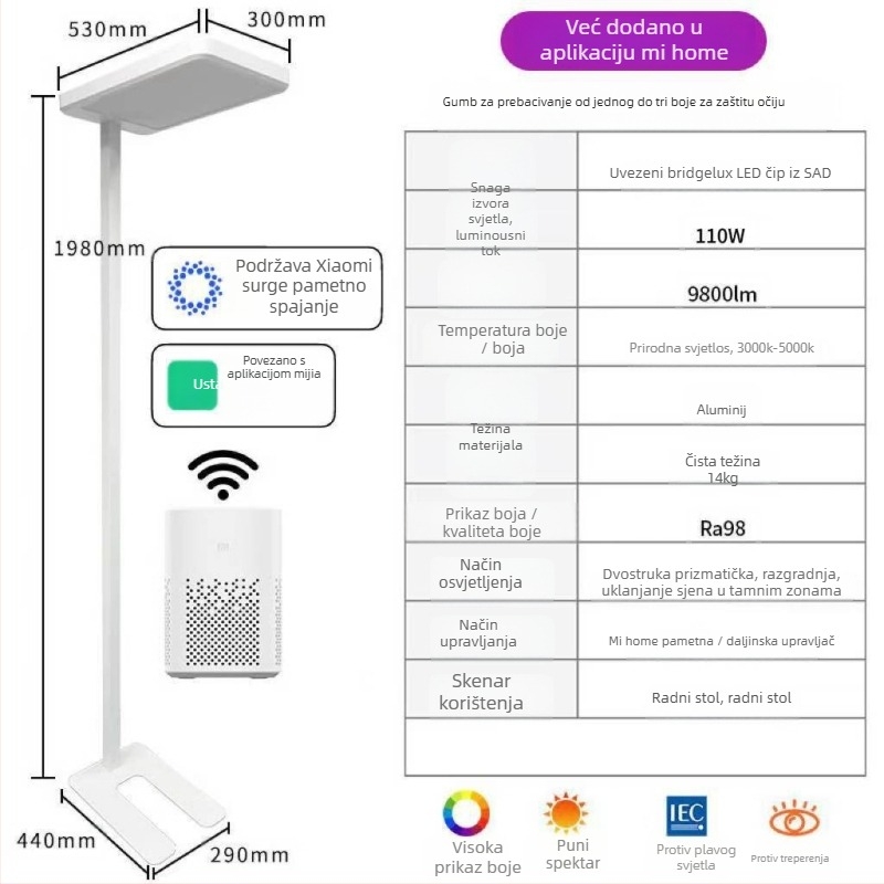 Podna lampa s punim spektrom za dječje učenje; namijenjena stolna svjetiljka za čitanje i pisanje; dimmable, ultra-svijetla; metalna sjenilica; 220V