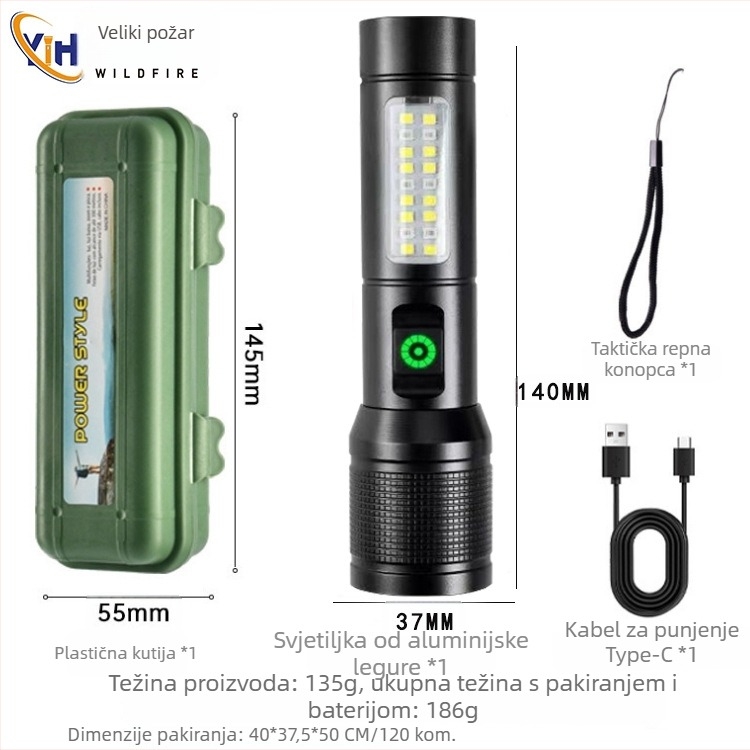 LED svjetiljka s USB Type-C punjenjem, kućište od aluminijske legure, izlaz 15W, domet 500 m