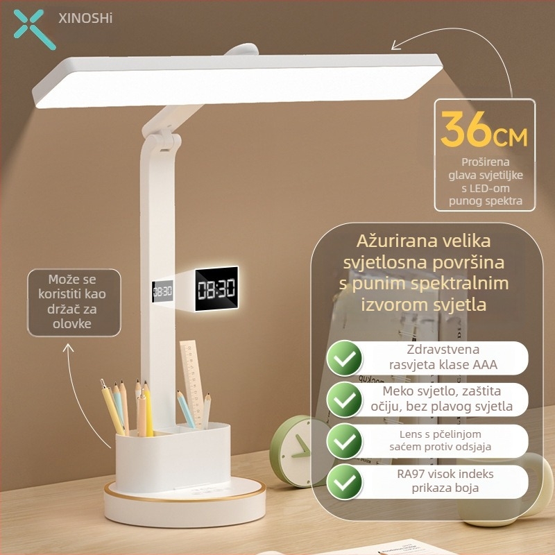 LED stolna lampa za učenje s zaštitom od treperenja, sklopivi dizajn, držač za olovke, punjiva baterija i mogućnost priključka, dodirni prekidač