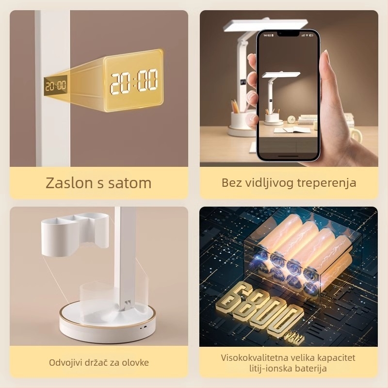 LED stolna lampa za učenje s zaštitom od treperenja, sklopivi dizajn, držač za olovke, punjiva baterija i mogućnost priključka, dodirni prekidač