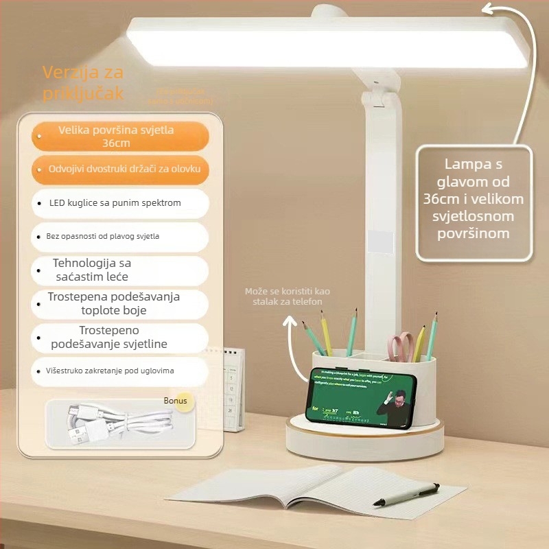 LED stolna lampa za učenje s zaštitom od treperenja, sklopivi dizajn, držač za olovke, punjiva baterija i mogućnost priključka, dodirni prekidač