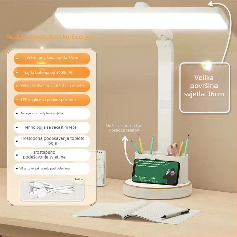 LED stolna lampa za učenje s zaštitom od treperenja, sklopivi dizajn, držač za olovke, punjiva baterija i mogućnost priključka, dodirni prekidač