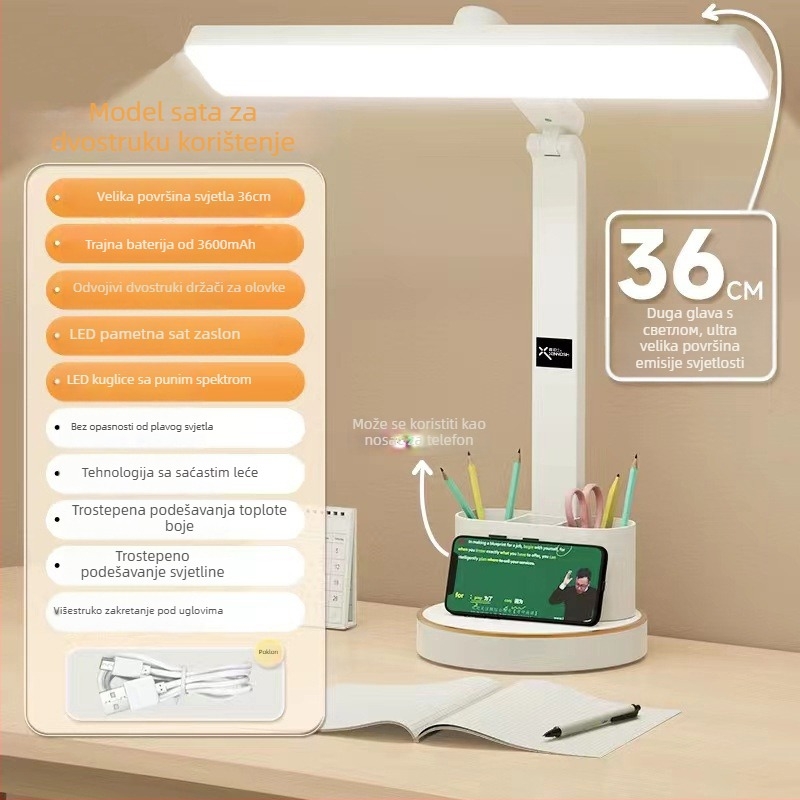 LED stolna lampa za učenje s zaštitom od treperenja, sklopivi dizajn, držač za olovke, punjiva baterija i mogućnost priključka, dodirni prekidač