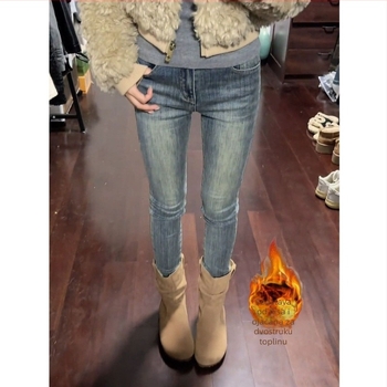 Traperice od denima s fleece podlogom, visokim strukom, uski kroj, dužina 9/10