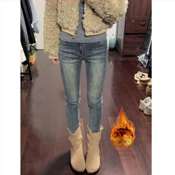 Traperice od denima s fleece podlogom, visokim strukom, uski kroj, dužina 9/10