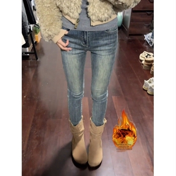 Traperice od denima s fleece podlogom, visokim strukom, uski kroj, dužina 9/10