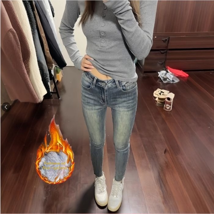 Traperice od denima s fleece podlogom, visokim strukom, uski kroj, dužina 9/10