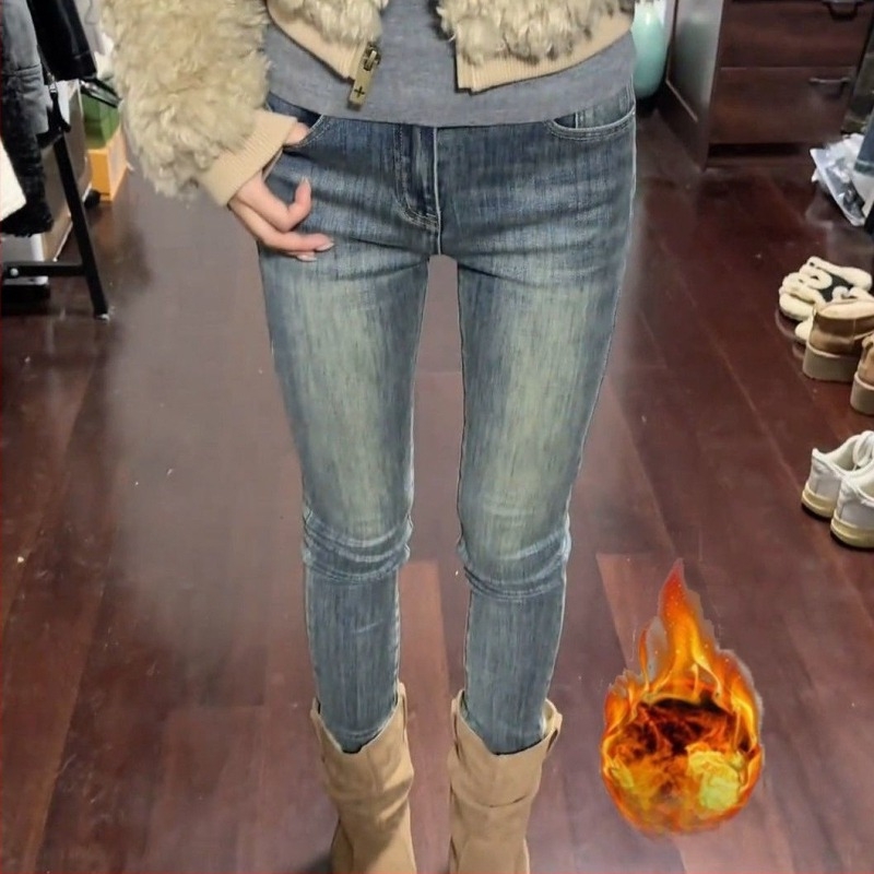 Traperice od denima s fleece podlogom, visokim strukom, uski kroj, dužina 9/10