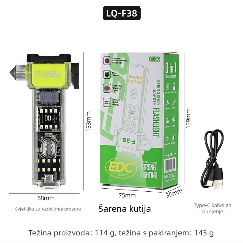 Automobilski sigurnosni čekić s LED svjetlom, ponovno punjiv, 3600 mAh, ručni pogon, multifunkcionalno: razbijač prozora i nož, Power Bank, domet 200–500 m