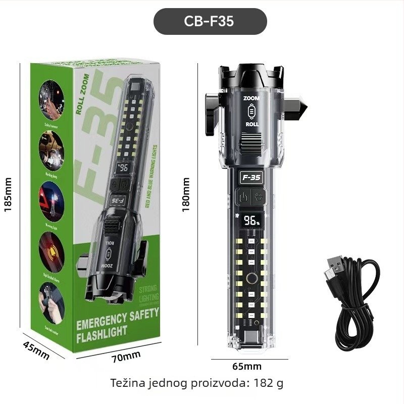 Automobilski sigurnosni čekić s LED svjetlom, ponovno punjiv, 3600 mAh, ručni pogon, multifunkcionalno: razbijač prozora i nož, Power Bank, domet 200–500 m