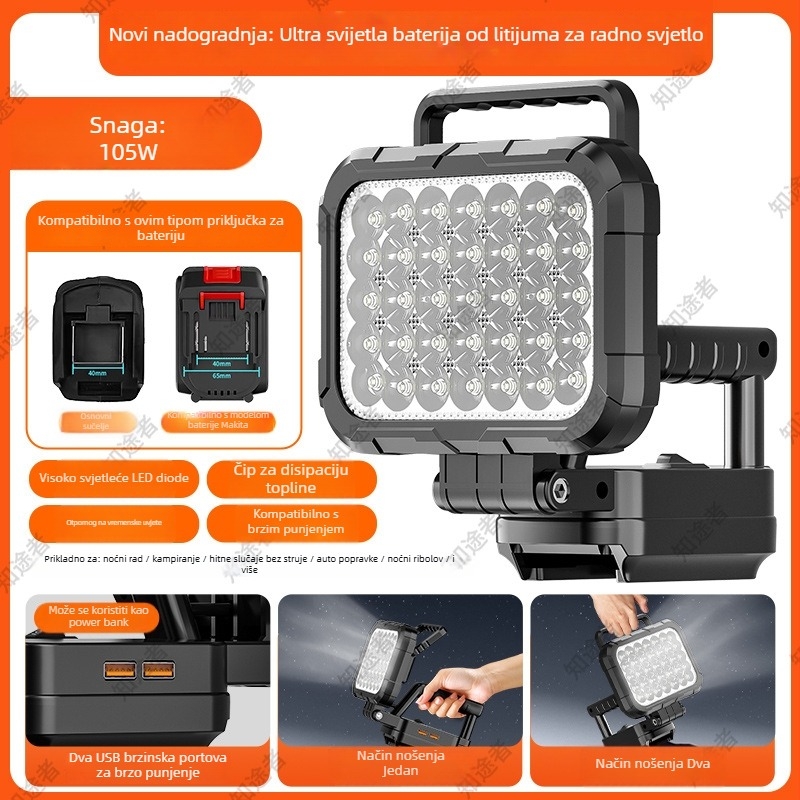 LED radno svjetlo na baterije s kliznim poklopcem i dvostrukom ručkom, 45–105W, kućište od PC visokotemperaturnog materijala, domet ≥500 m