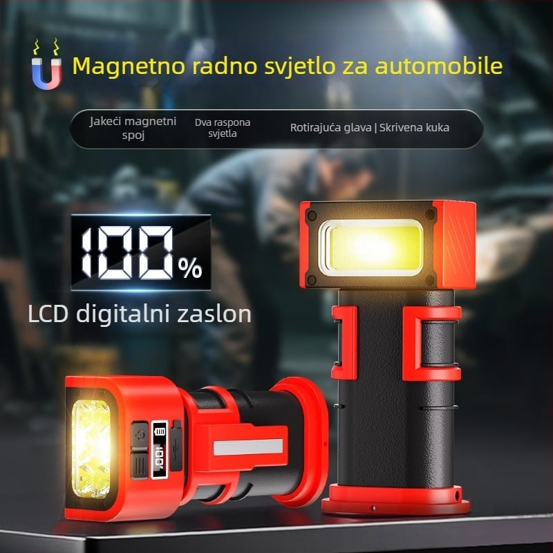 Magnetska radna svjetiljka za auto s Type-C punjenjem, digitalni zaslon, rotirajuća glava lampe, dvostruki magnetski držač (LED, baterija 3600mAh)