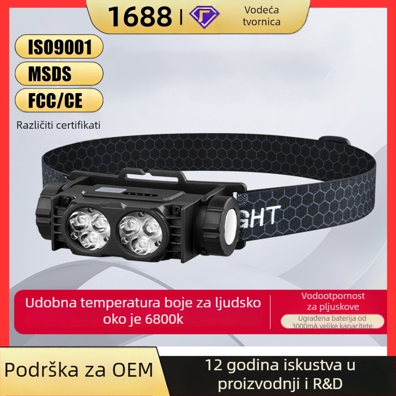 Čelna lampa s magnetskim nosačem za kampiranje i noćnu ribolov, LED svjetlo, ugrađena baterija 1200 mAh, snaga 10 W, domet 100–200 m, vodootporna