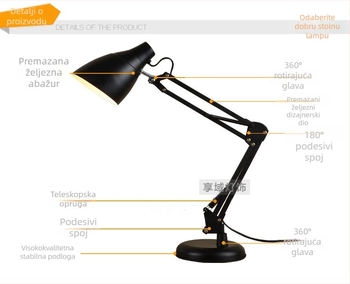 Metalna LED stolna lampa s dugim ramom, CRI ≥95, prekidač na gumb, napajanje iz utičnice, noćno svjetlo