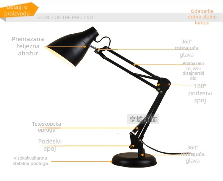Metalna LED stolna lampa s dugim ramom, CRI ≥95, prekidač na gumb, napajanje iz utičnice, noćno svjetlo