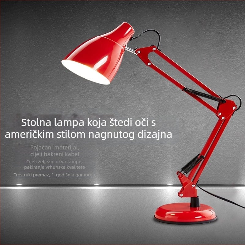 Metalna LED stolna lampa s dugim ramom, CRI ≥95, prekidač na gumb, napajanje iz utičnice, noćno svjetlo
