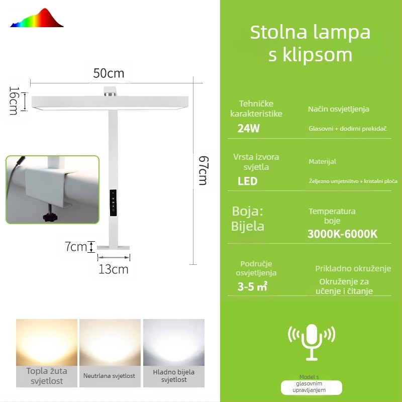 Lampa za stol s klipom, dvostruka upotreba, zaštita očiju spektra, pametan dodirni upravljač, napajanje iz utičnice 24V, visok CRI 95+