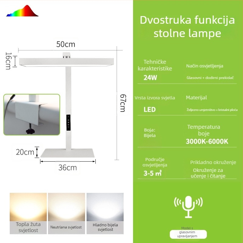 Lampa za stol s klipom, dvostruka upotreba, zaštita očiju spektra, pametan dodirni upravljač, napajanje iz utičnice 24V, visok CRI 95+