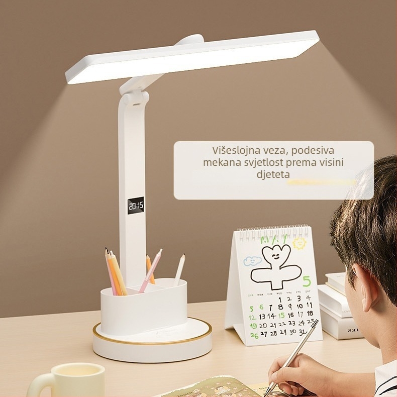 Višenamjenska sklopiva stolna lampa s vremenikom, zaštita očiju, prijenosna, dodirni upravljač, ugrađena litij baterija, plastično sjenilo