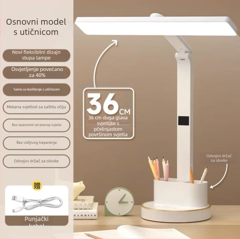 Višenamjenska sklopiva stolna lampa s vremenikom, zaštita očiju, prijenosna, dodirni upravljač, ugrađena litij baterija, plastično sjenilo