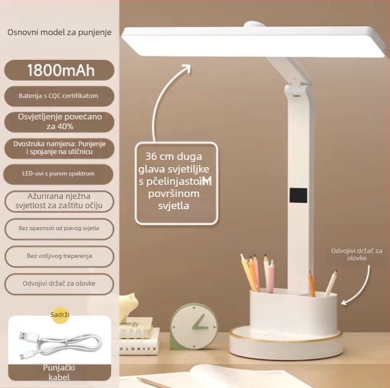Višenamjenska sklopiva stolna lampa s vremenikom, zaštita očiju, prijenosna, dodirni upravljač, ugrađena litij baterija, plastično sjenilo