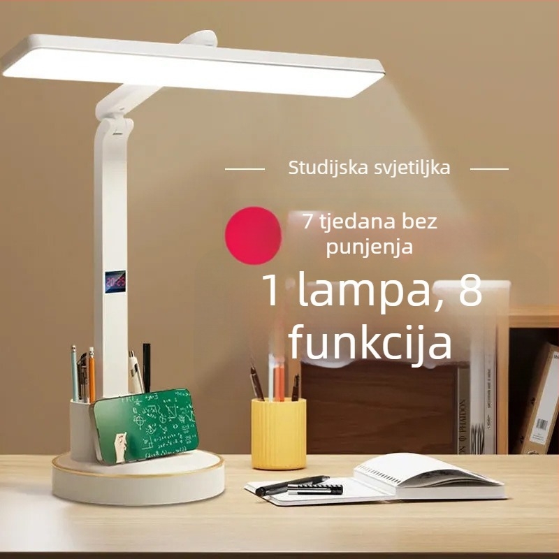 Višenamjenska sklopiva stolna lampa s vremenikom, zaštita očiju, prijenosna, dodirni upravljač, ugrađena litij baterija, plastično sjenilo