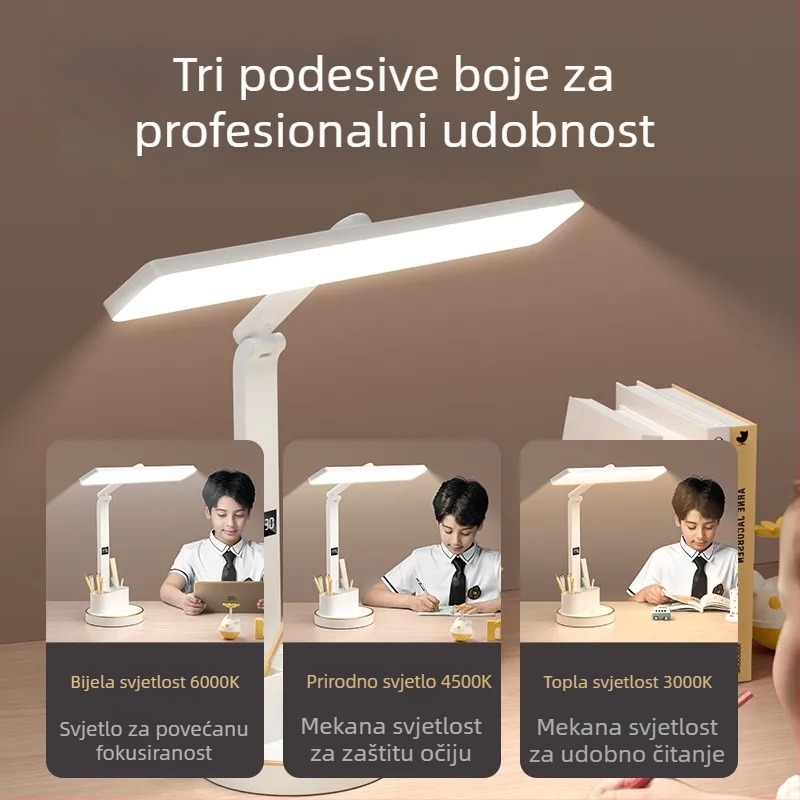 Višenamjenska sklopiva stolna lampa s vremenikom, zaštita očiju, prijenosna, dodirni upravljač, ugrađena litij baterija, plastično sjenilo