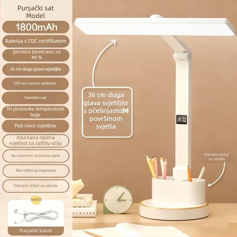 Višenamjenska sklopiva stolna lampa s vremenikom, zaštita očiju, prijenosna, dodirni upravljač, ugrađena litij baterija, plastično sjenilo