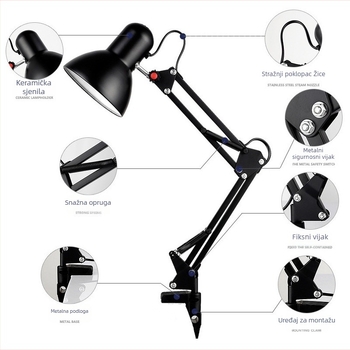 LED stolna lampa s klipom i produženim ramom za manikuru i učenje, svjetlo za zaštitu očiju (CRI ≥95, CE potvrda, metalno sjenilo, napon ≤36V)