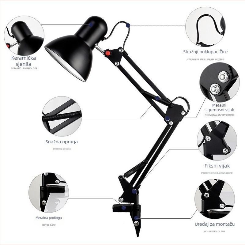 LED stolna lampa s klipom i produženim ramom za manikuru i učenje, svjetlo za zaštitu očiju (CRI ≥95, CE potvrda, metalno sjenilo, napon ≤36V)