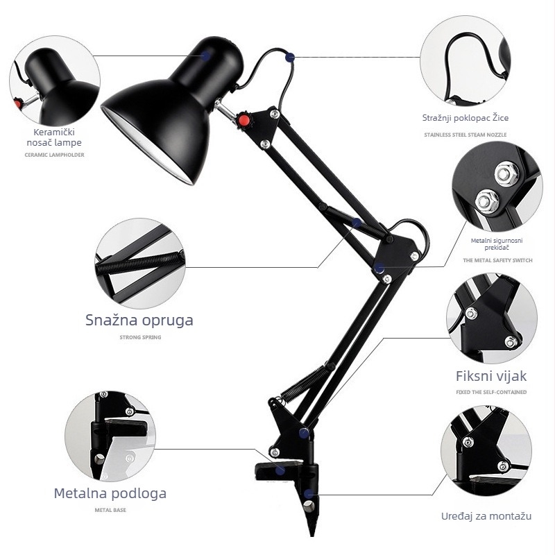 LED stolna lampa s klipom i produženim ramom za manikuru i učenje, svjetlo za zaštitu očiju (CRI ≥95, CE potvrda, metalno sjenilo, napon ≤36V)