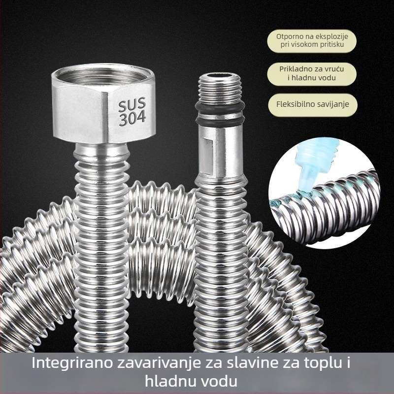 304 nehrđajući čelik – gofrirani kovni crijev za dovod vode u umivaonik – otpornost na eksploziju, navojni priključak, model Kq-0098, nominalni tlak 1, radna temperatura 0–100°C