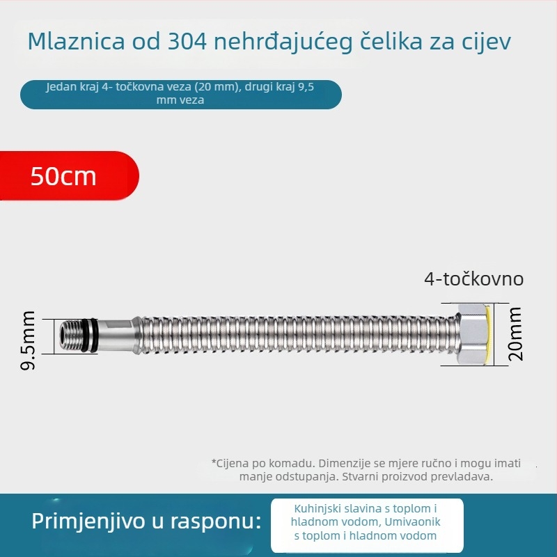 304 nehrđajući čelik – gofrirani kovni crijev za dovod vode u umivaonik – otpornost na eksploziju, navojni priključak, model Kq-0098, nominalni tlak 1, radna temperatura 0–100°C