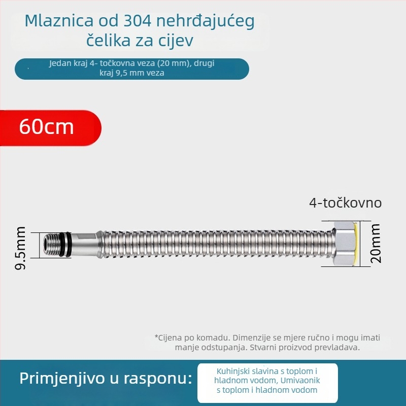 304 nehrđajući čelik – gofrirani kovni crijev za dovod vode u umivaonik – otpornost na eksploziju, navojni priključak, model Kq-0098, nominalni tlak 1, radna temperatura 0–100°C
