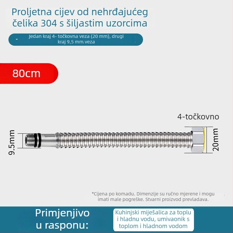 304 nehrđajući čelik – gofrirani kovni crijev za dovod vode u umivaonik – otpornost na eksploziju, navojni priključak, model Kq-0098, nominalni tlak 1, radna temperatura 0–100°C