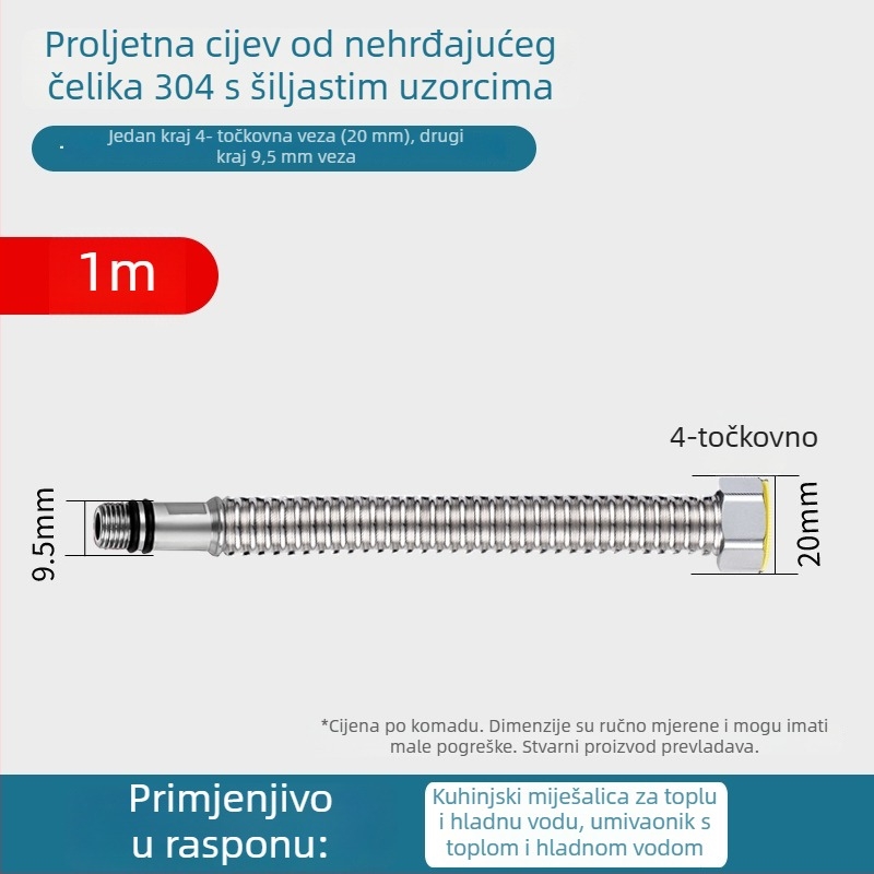 304 nehrđajući čelik – gofrirani kovni crijev za dovod vode u umivaonik – otpornost na eksploziju, navojni priključak, model Kq-0098, nominalni tlak 1, radna temperatura 0–100°C