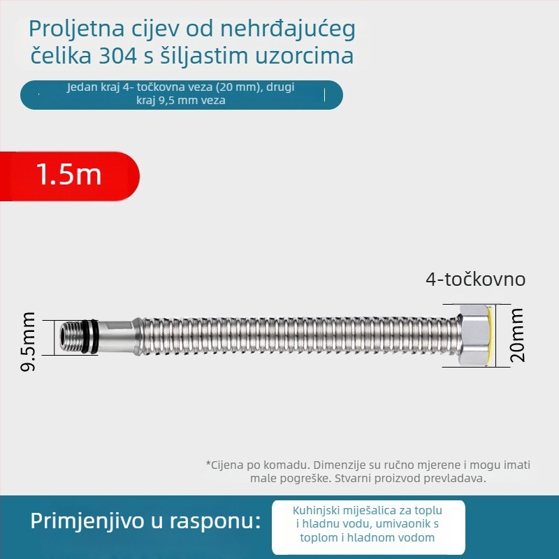 304 nehrđajući čelik – gofrirani kovni crijev za dovod vode u umivaonik – otpornost na eksploziju, navojni priključak, model Kq-0098, nominalni tlak 1, radna temperatura 0–100°C