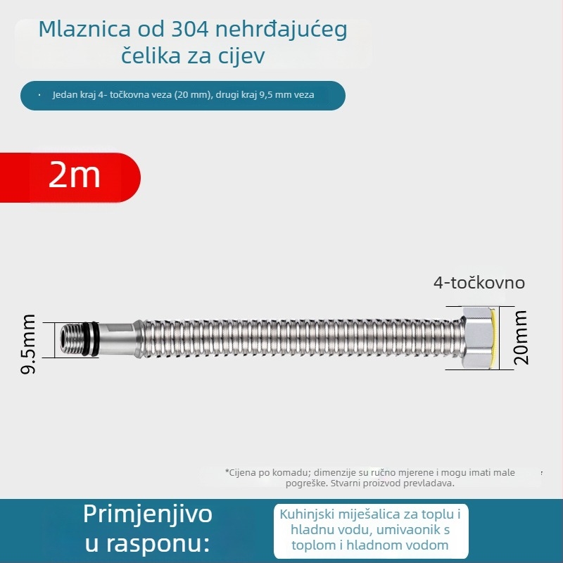 304 nehrđajući čelik – gofrirani kovni crijev za dovod vode u umivaonik – otpornost na eksploziju, navojni priključak, model Kq-0098, nominalni tlak 1, radna temperatura 0–100°C