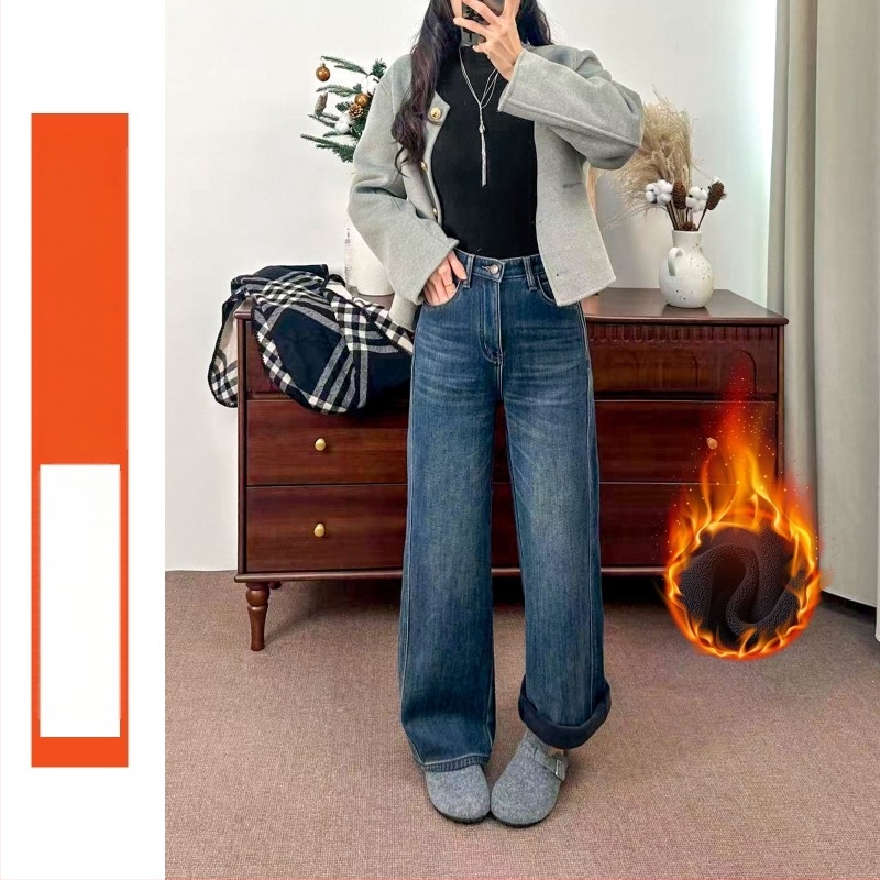 Ženske rastezljive traperice s fleec podstavkom za zimu, široke nogavice, visok struk, zima 2025