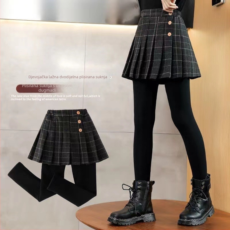 Djevojačke legice s fleece-om i plisiranom suknjom, visokim strukom, 70% pamuka, za proljeće i jesen