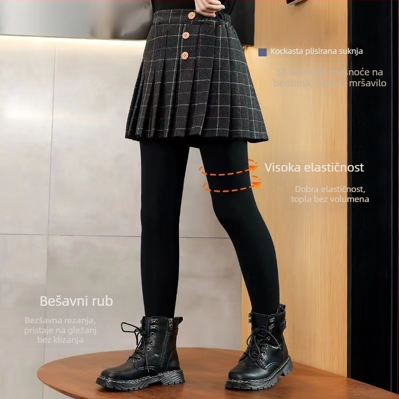 Djevojačke legice s fleece-om i plisiranom suknjom, visokim strukom, 70% pamuka, za proljeće i jesen
