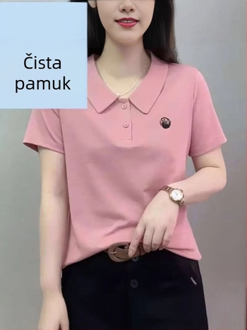 Ženski pamukasti T-shirt kratkih rukava s polo ovratnikom, labav kroj, vezenje, 90–95% pamuka, ljeto 2025.