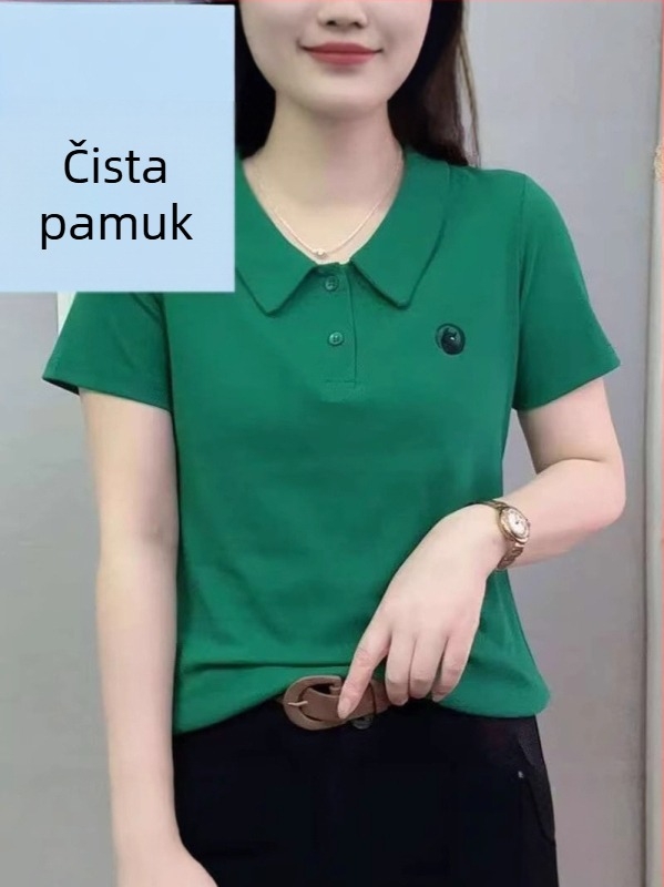 Ženski pamukasti T-shirt kratkih rukava s polo ovratnikom, labav kroj, vezenje, 90–95% pamuka, ljeto 2025.