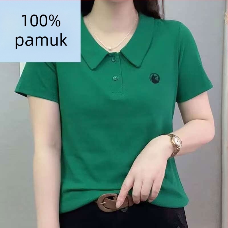 Ženski pamukasti T-shirt kratkih rukava s polo ovratnikom, labav kroj, vezenje, 90–95% pamuka, ljeto 2025.