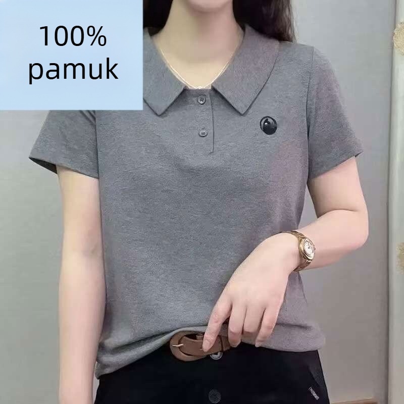 Ženski pamukasti T-shirt kratkih rukava s polo ovratnikom, labav kroj, vezenje, 90–95% pamuka, ljeto 2025.