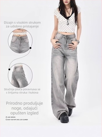 Ženske traperice s visokim strukom i ravnim krojem, denim od pamuka i poliestera, bez elastana, jesen 2025