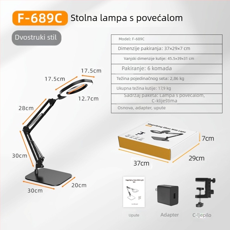 LED stolna lampa s dugim nagnutim ramenom i povećalom, zaštita očiju, 5V DC 3A, plastično sjenilo, model F-689