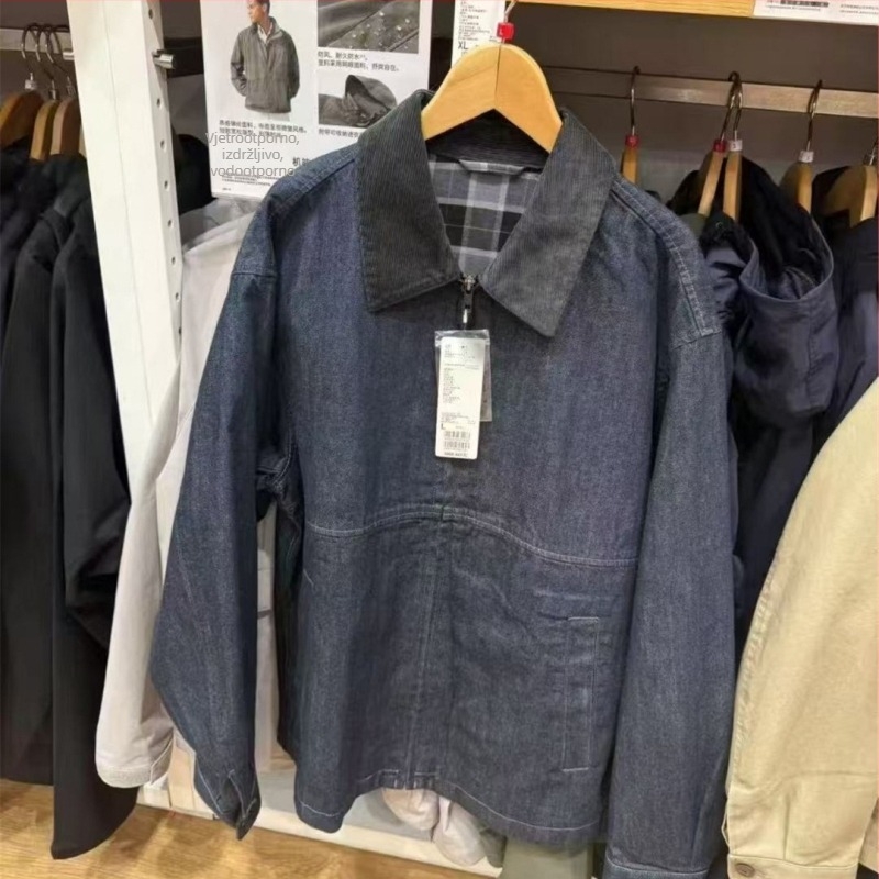Pamukasta jakna s zipom i reverom, labav kroj, japanski retro stil, jednofarbeni uzorak