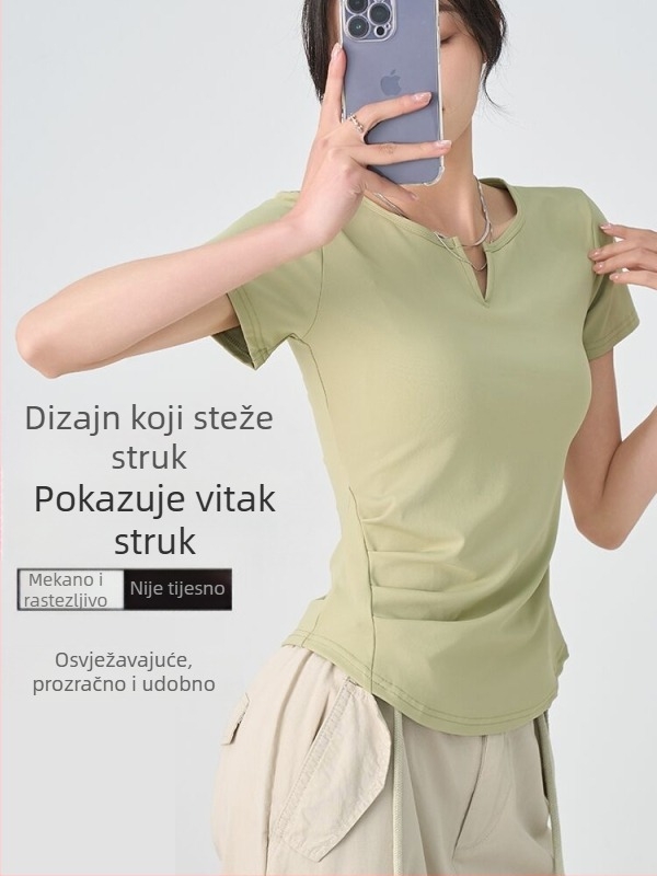 Majica s V-dekolteom, kratki rukavi, uski kroj, poliester s elastanom